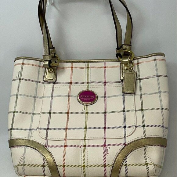NWT CoachWhite Peyton Plaid Inner Pocket Shoulder Bag